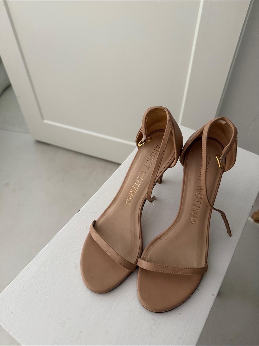 Stuart Weitzman Nude Tan Open-Toe Ankle-Strap Heels